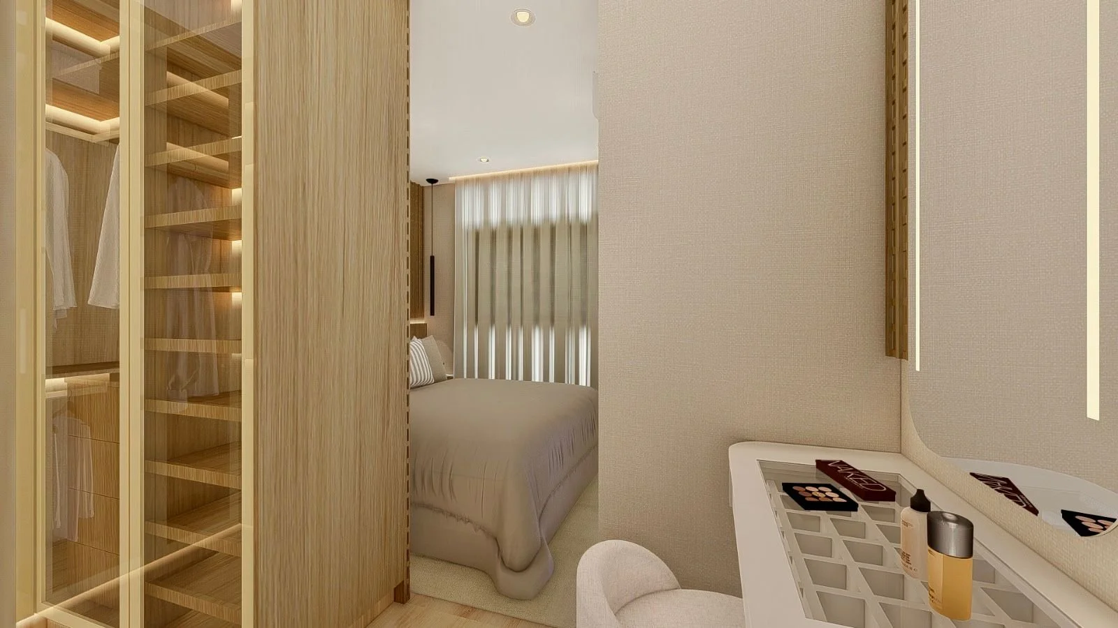 Vista dalla zona beauty verso la cabina armadio, caratterizzata da armadiature in legno e illuminazione LED integrata. Le trasparenze mantengono una relazione visiva con la camera da letto.