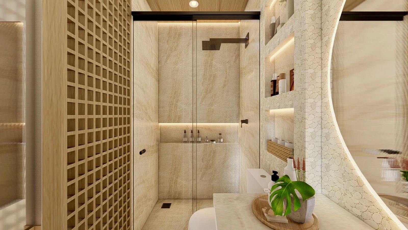 Vista prospettica della zona doccia e lavabo, con pareti materiche, nicchie illuminate e grande specchio circolare. L’illuminazione calda enfatizza texture e profondità dell’ambiente.