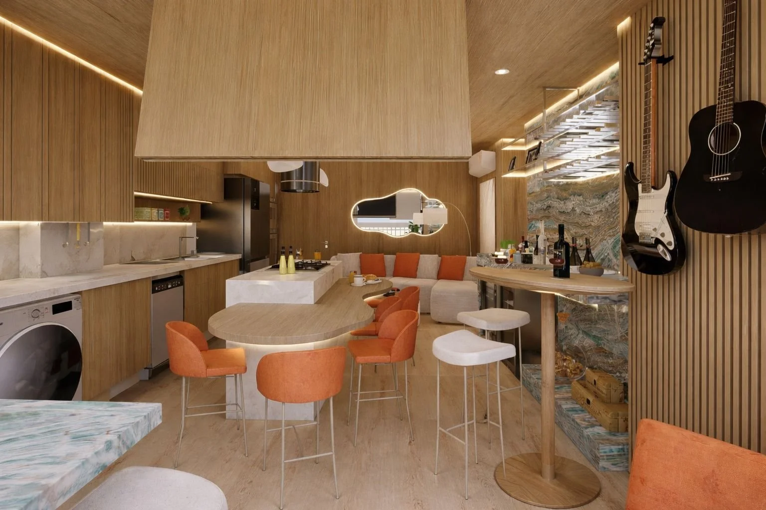 Vista prospettica dell’ambiente integrato con cucina lineare, isola centrale, zona pranzo e area bar. Il legno utilizzato a parete e soffitto crea continuità visiva nell’intero spazio.
