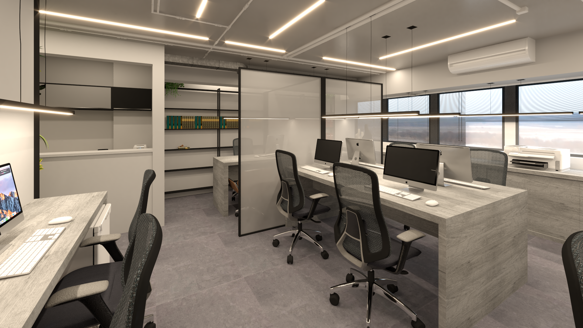 Operatività e ordine in un ambiente contemporaneo: postazioni pensate per lavorare con efficienza e comfort.