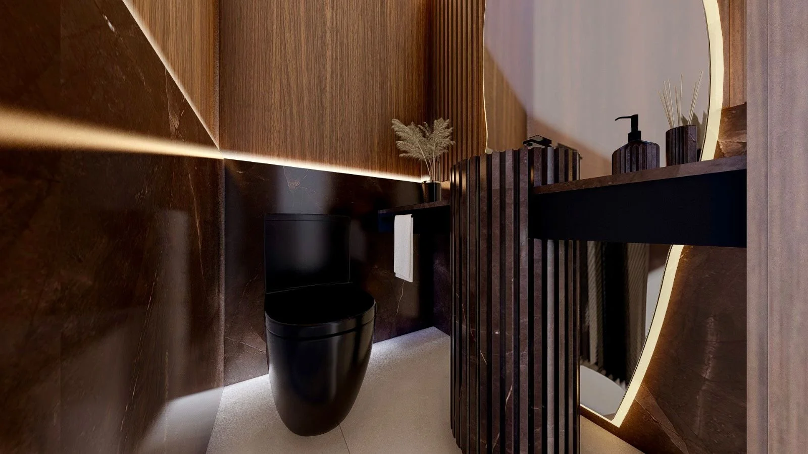 Bagno di lusso contemporaneo con lavabo scultoreo, rivestimenti in legno naturale, marmo scuro, specchio retroilluminato e illuminazione LED integrata.