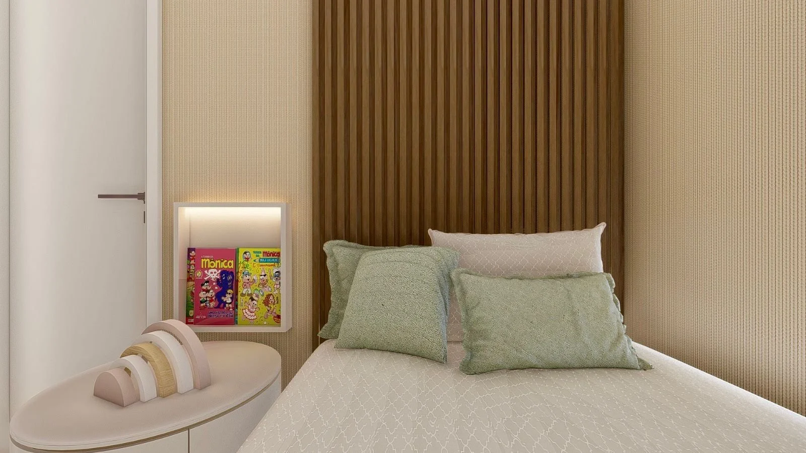 Camera da letto su misura con testata a tutta altezza, mobili bianchi, dettagli in legno e illuminazione indiretta LED.