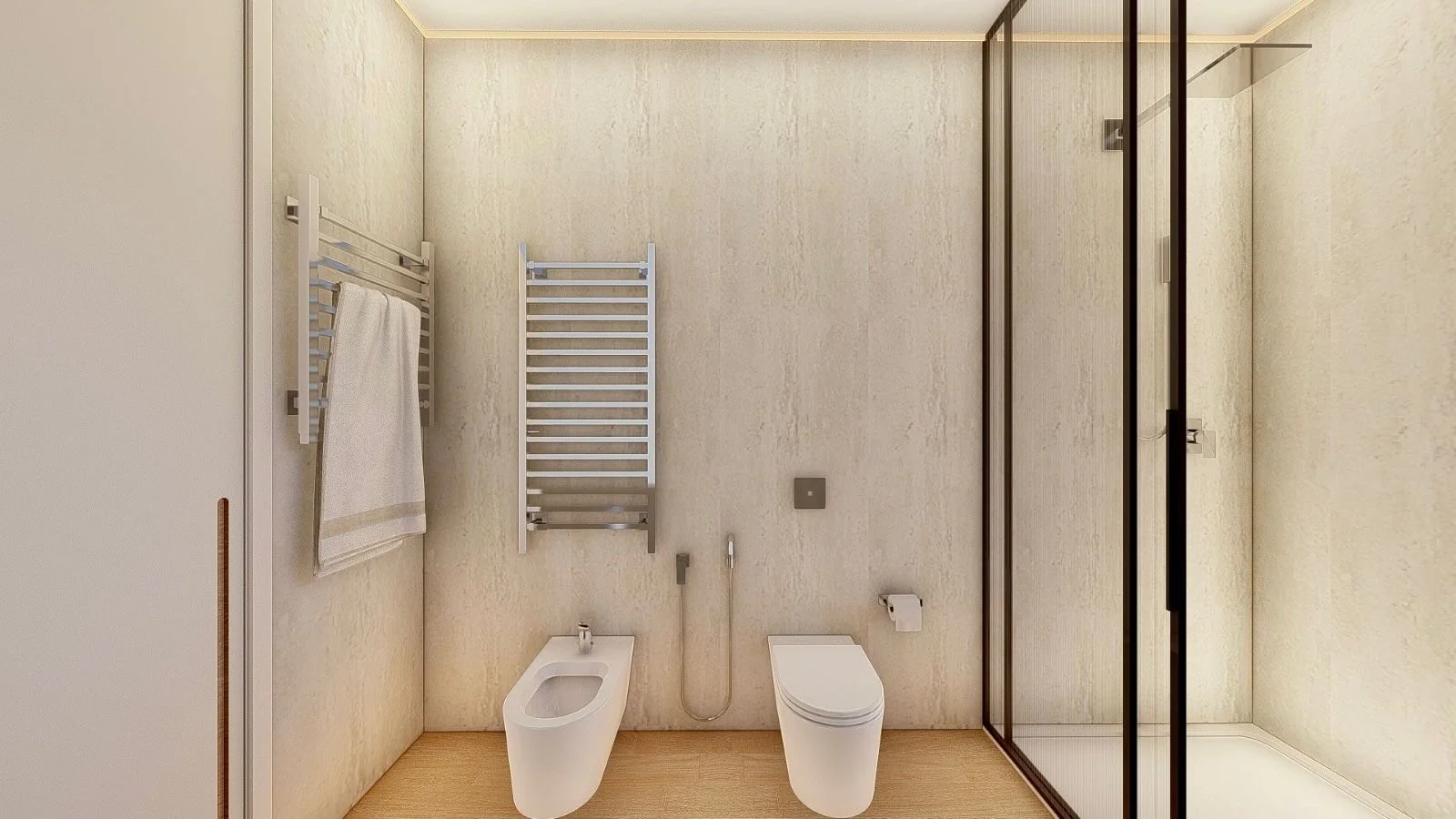 Bagno moderno con pareti chiare, lavabo con piano in pietra, grandi specchi e decorazioni minimaliste, separato da porta scorrevole con WC e bidet, asciugamano e tessuto su termoforo.
