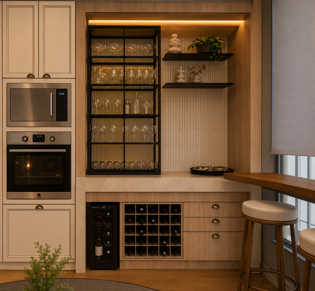 Dettaglio dell’area bar integrata nella zona social, caratterizzata da falegnameria su misura, vetrina per i calici, cantinetta vini e illuminazione LED. Le finiture in legno e i dettagli scuri creano un elegante contrasto con le tonalità neutre dell