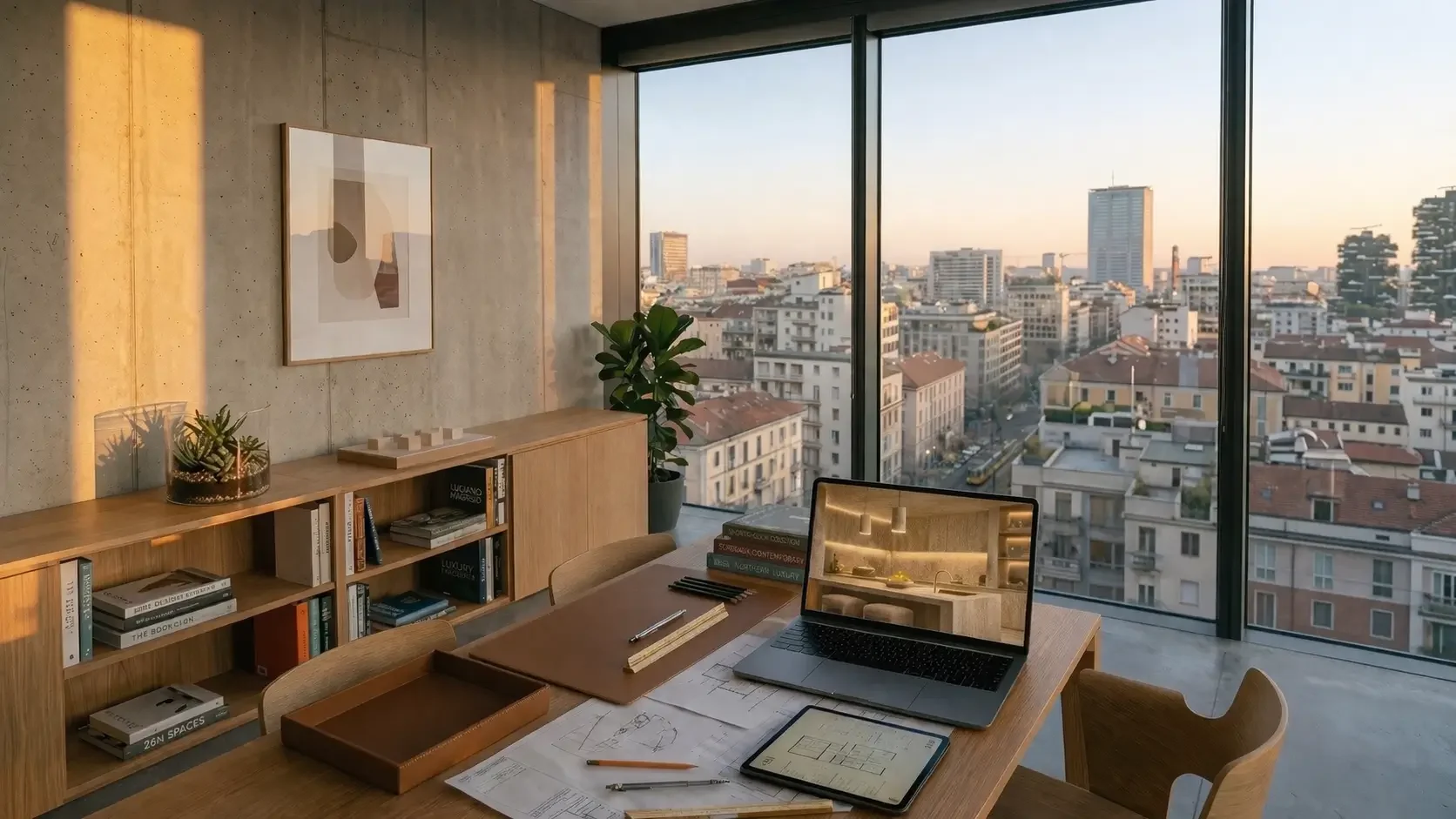 Ufficio moderno con grandi finestre che offrono una vista sulla città al tramonto, con una scrivania e uno scaffale di libri in legno