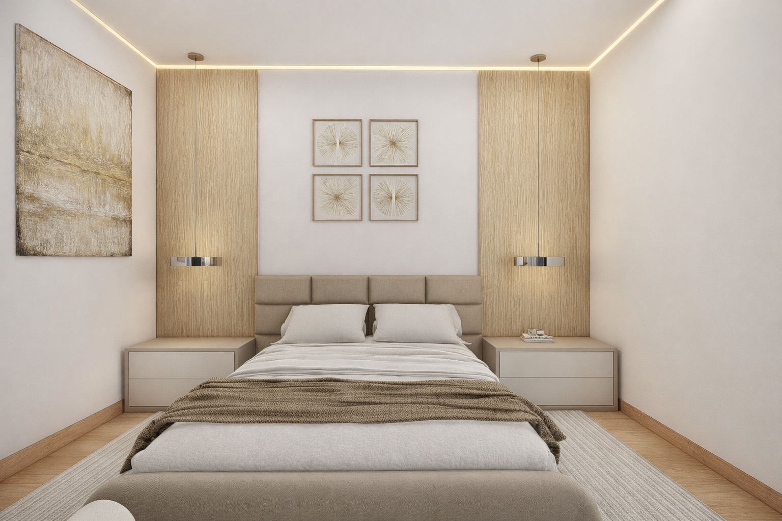 Camera matrimoniale in stile contemporaneo con pannelli in legno dietro il letto e dettagli eleganti su misura.