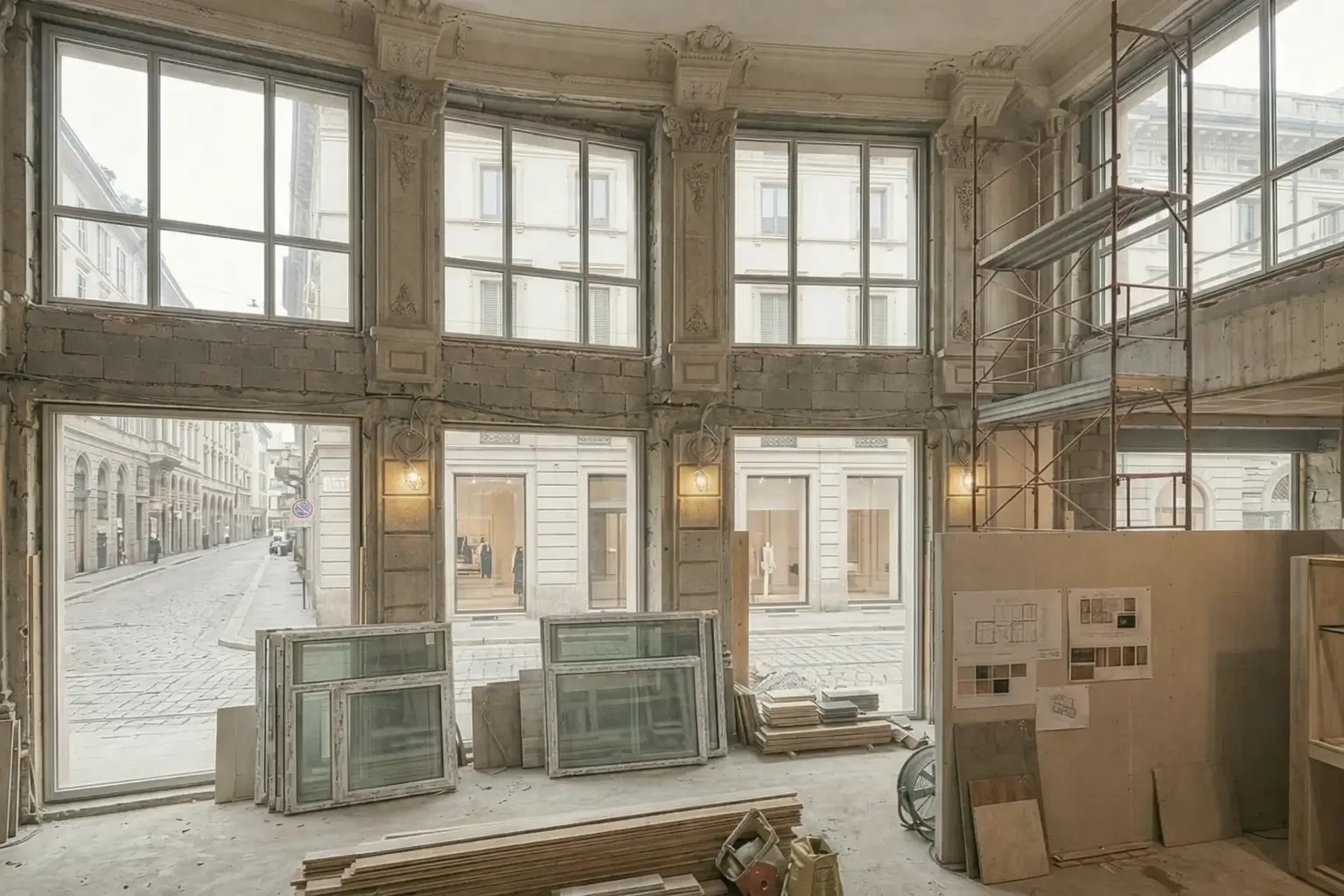 Interno di un edificio in costruzione con grandi finestre e scaffali metallici, materiali da costruzione e legno sul pavimento.