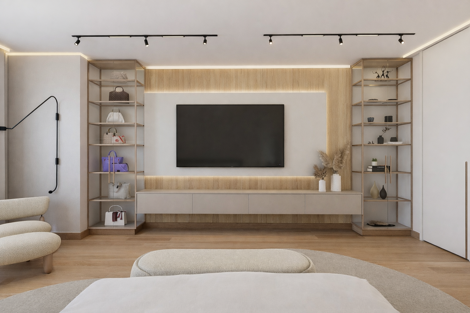 Progetto camera da letto matrimoniale con pannello TV su misura e arredi contemporanei dallo stile organico.