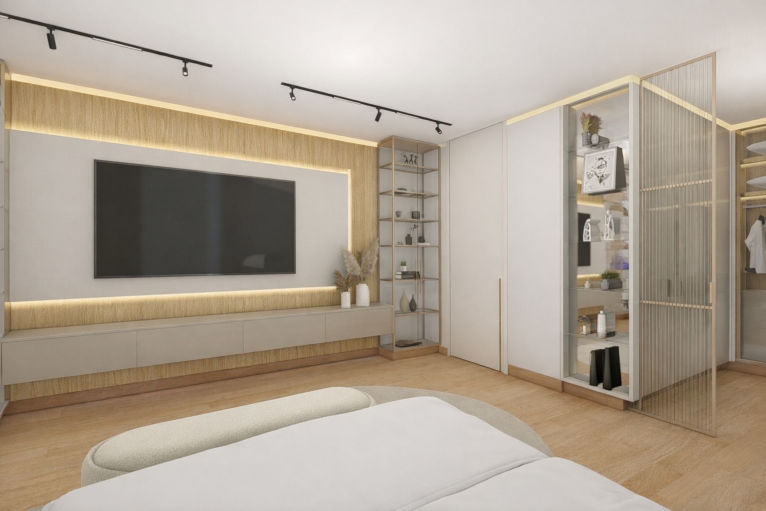 Dettaglio del pannello TV in camera matrimoniale, integrato nel progetto d’interni con finiture calde e texture naturali.