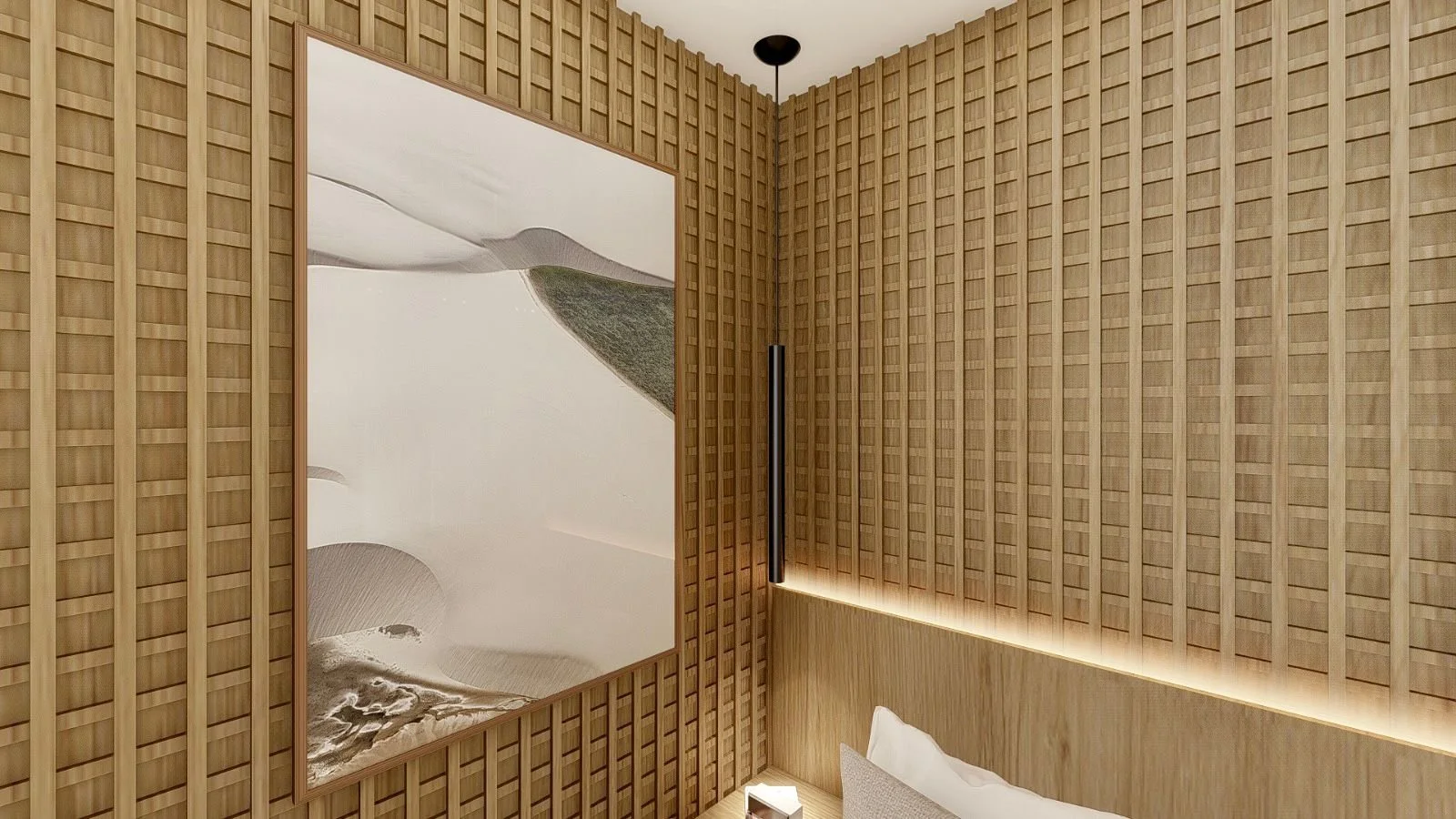 Dettaglio della parete della testata con lavorazione geometrica in legno, quadro astratto e luce LED lineare. Materiali e illuminazione costruiscono un fondale caldo e sofisticato per il letto.