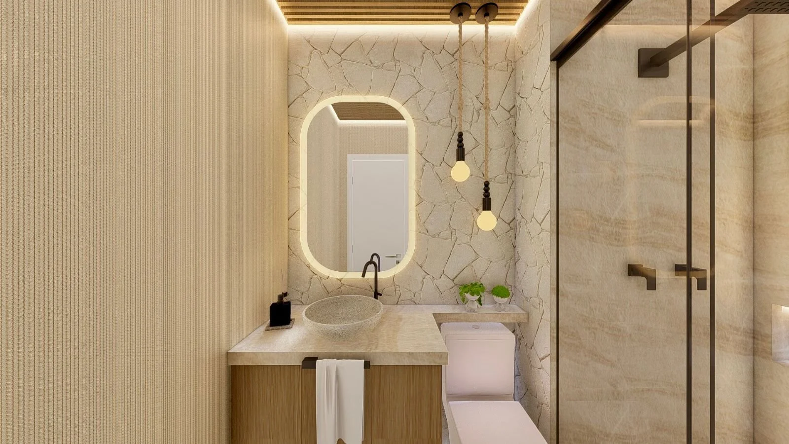 Bagno moderno con mobile lavabo sospeso in legno, parete in pietra naturale, specchio LED e doccia in vetro.