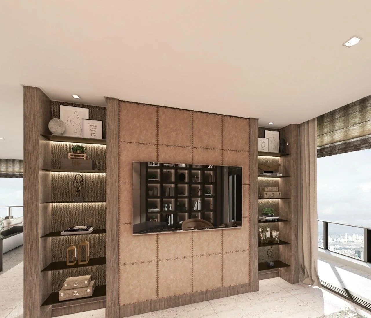 Vista dell’home office: pannello TV con mensole decorative retroilluminate.