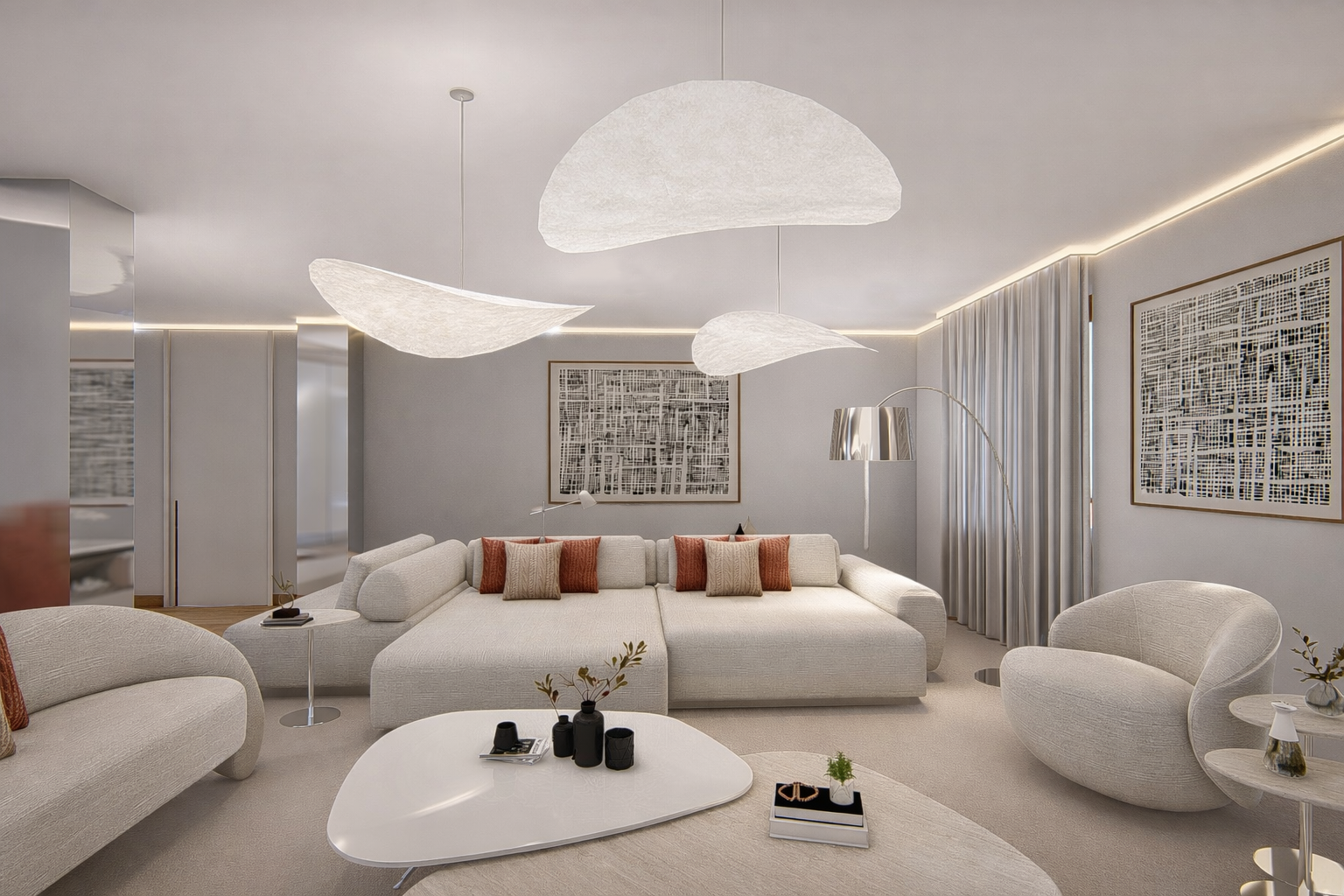 L'intera stanza è arredata con uno stile moderno e minimalista, con divani e poltrone di colore chiaro, un grande quadro astratto alle pareti, e luci soffuse, creando un'atmosfera accogliente.