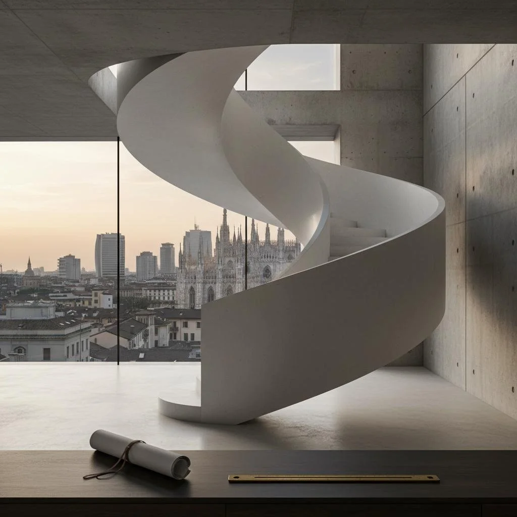 Scala a chiocciola bianca in una stanza moderna con grandi finestre che mostrano il skyline di Milano, incluso il Duomo