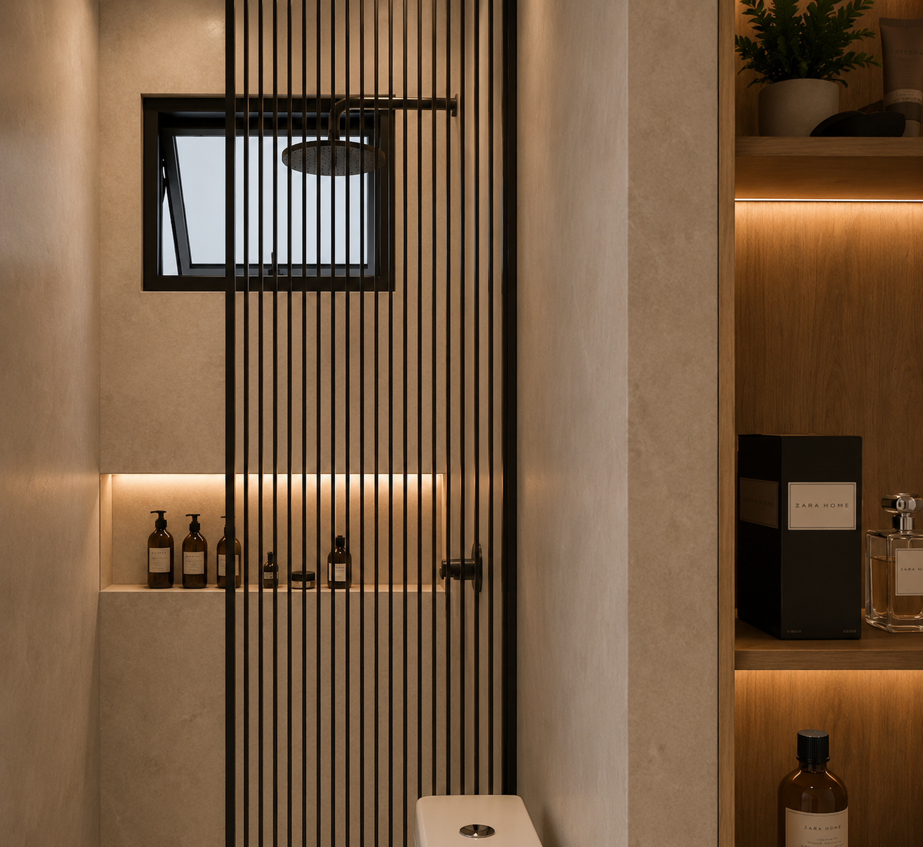 Doccia walk-in dal design contemporaneo, definita da un vetro fisso con elementi neri e dettaglio cannettato. La soluzione aperta alleggerisce visivamente lo spazio e crea continuità con il resto del bagno, mantenendo un’estetica essenziale e sofisti