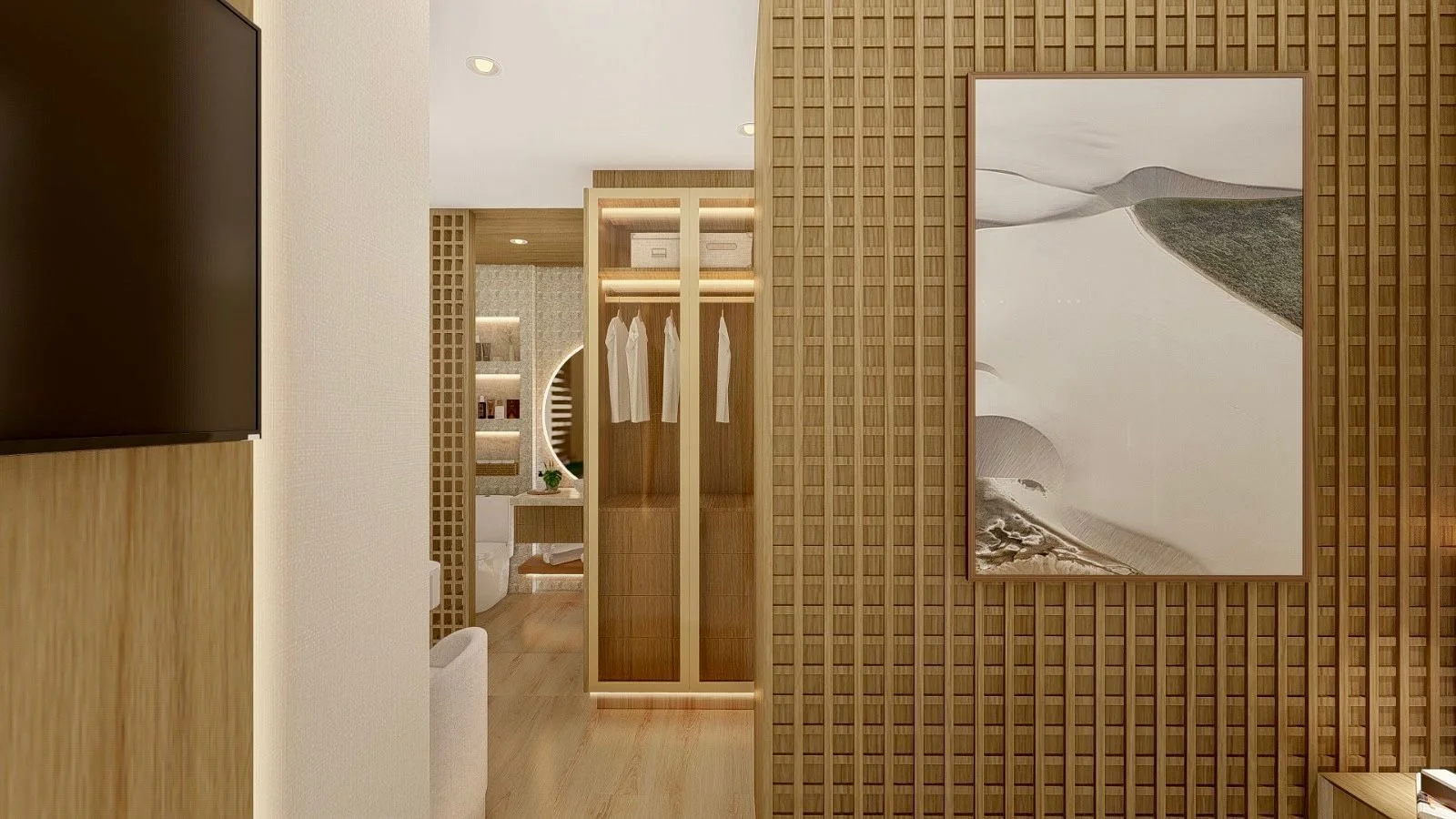 Prospettiva dalla camera verso cabina armadio e bagno, con parete decorativa e quadro astratto in primo piano. La distribuzione integra le diverse aree mantenendo una percezione unitaria dello spazio.