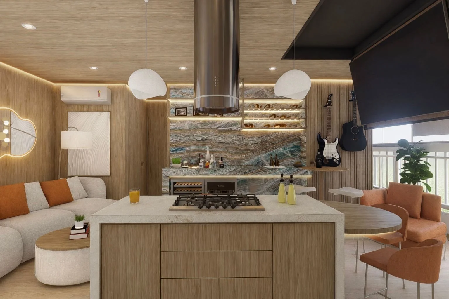 Cucina moderna con isola centrale in pietra chiara, piano cottura integrato e arredi su misura in legno. L’illuminazione indiretta valorizza le superfici e crea un’atmosfera accogliente.