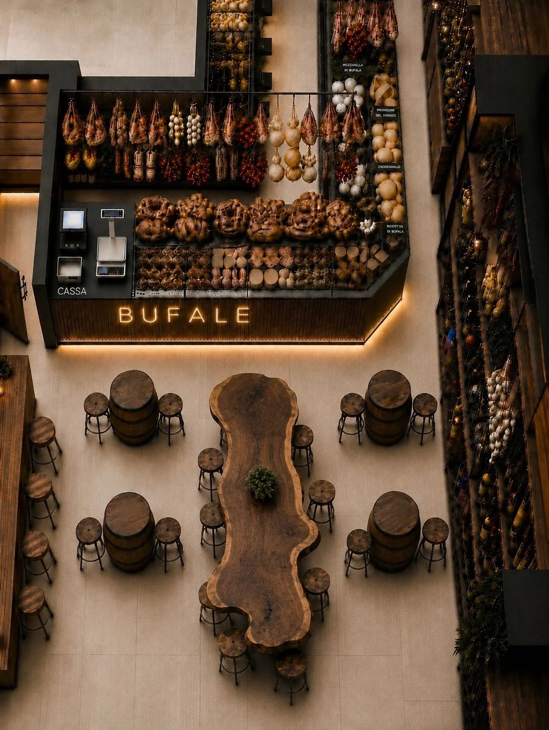 Interior design di gastronomia campana con banco espositivo di salumi e formaggi, arredi in legno, tavoli ispirati alle botti e spazi dedicati ai prodotti tipici campani.