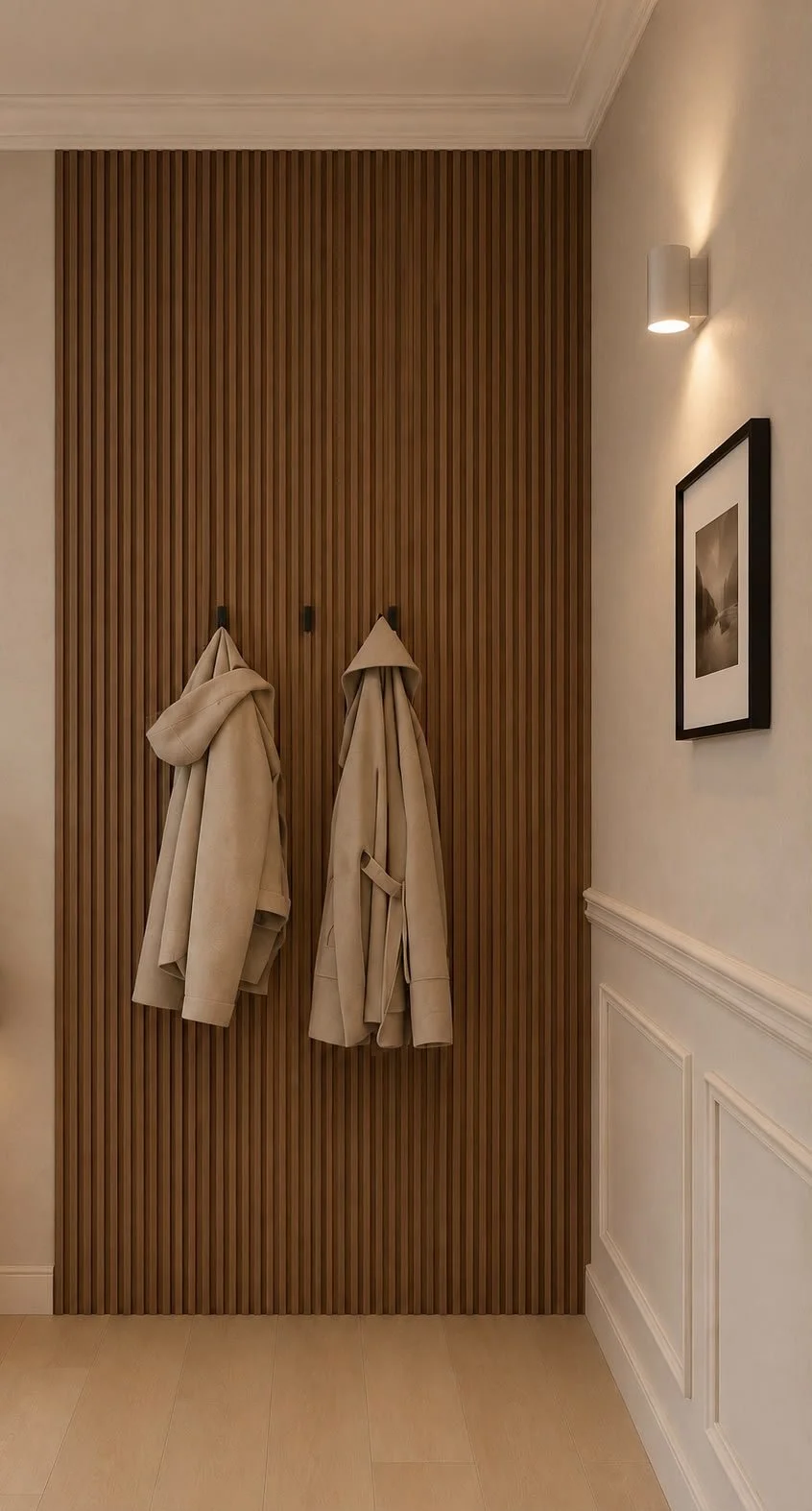 La parete a doghe in legno integra gli appendiabiti trasformando una funzione quotidiana in un elemento decorativo. La matericità del legno dialoga con la boiserie bianca e con l’illuminazione a parete.