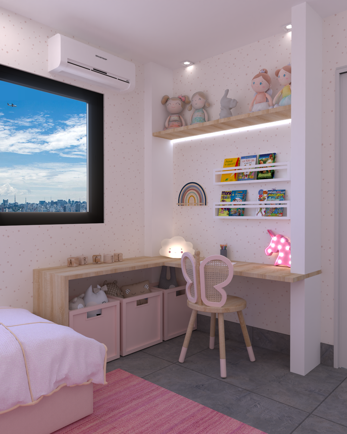 Angolo studio su misura con mensole illuminate, libreria frontale e contenitori: ordine e fantasia in un unico spazio.