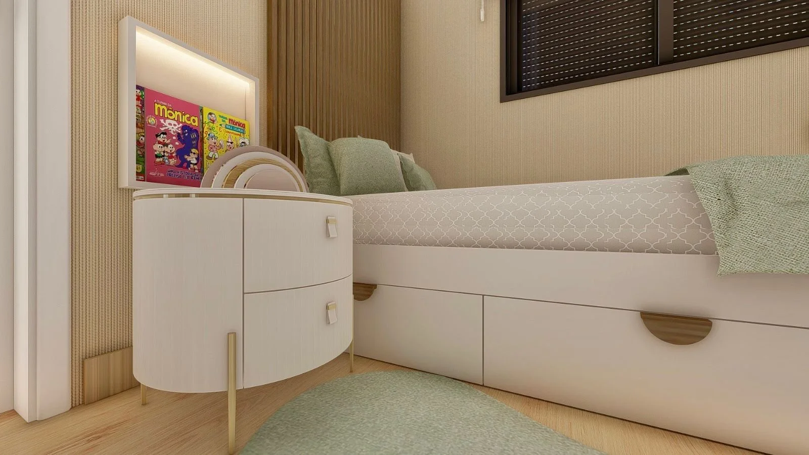 Camera da letto moderna con testiera in legno a doghe, letto imbottito e arredamento in tonalità neutre.