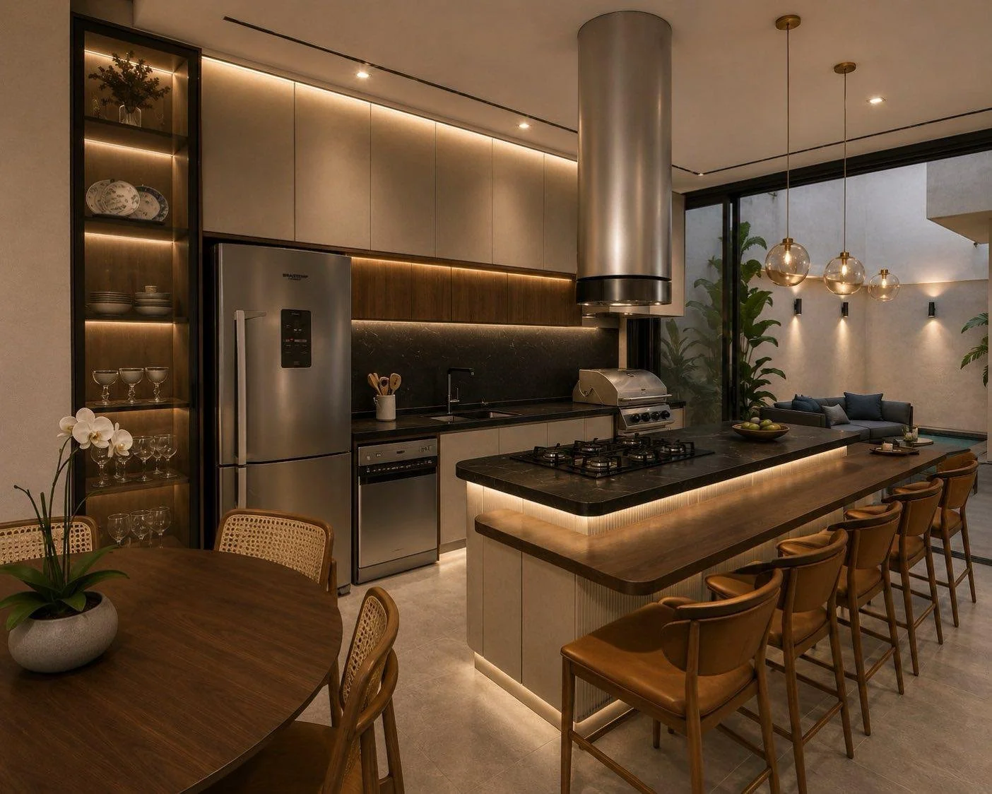 La cucina guarda direttamente verso l’esterno: le grandi aperture portano il verde dentro casa e prolungano lo spazio oltre le vetrate.