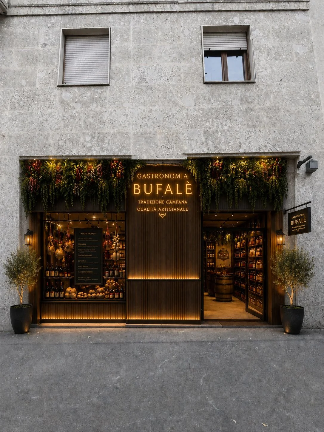 Facciata di gastronomia campana a Milano con vetrina espositiva, rivestimento in legno, verde decorativo e illuminazione calda integrata.