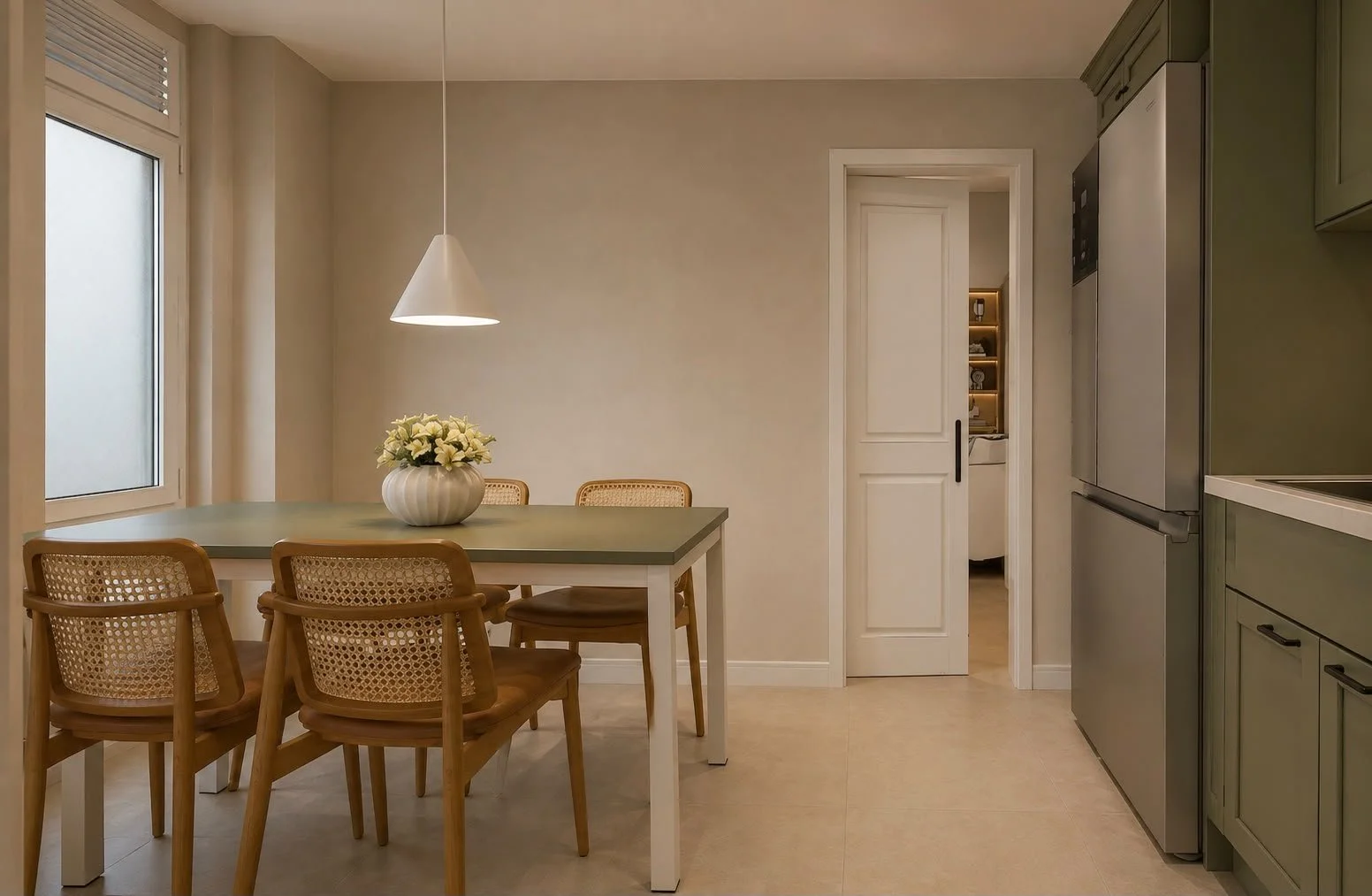La zona pranzo completa la cucina attraverso un tavolo coordinato alle tonalità verde salvia degli arredi. Le sedie in legno e intreccio naturale aggiungono calore, mentre la sospensione bianca crea un punto luce dedicato.