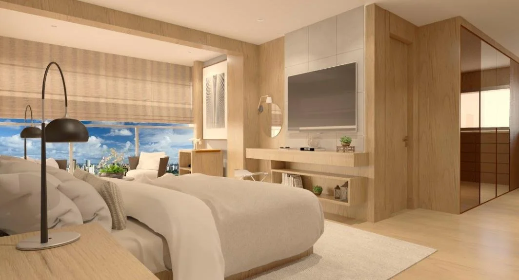 Progetto su misura con parete TV, console sospesa e cabina armadio con ante specchiate colore bronzo. 