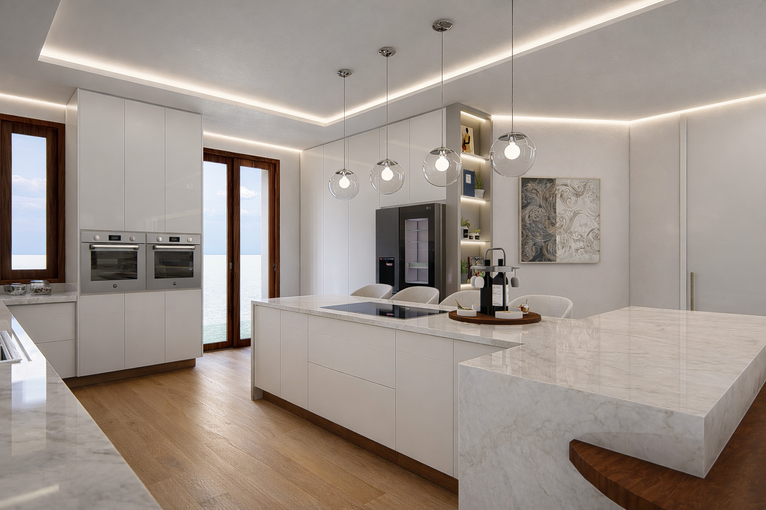 Cucina moderna con isola centrale, lampade a sospensione, pareti bianche e finestre con vista sul mare.
