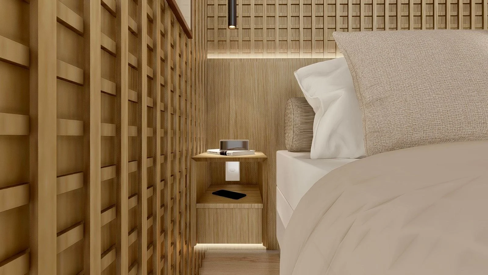 Dettaglio del comodino sospeso integrato nella testata del letto, con illuminazione inferiore e rivestimento geometrico in legno. Una soluzione compatta che unisce estetica e funzionalità.
