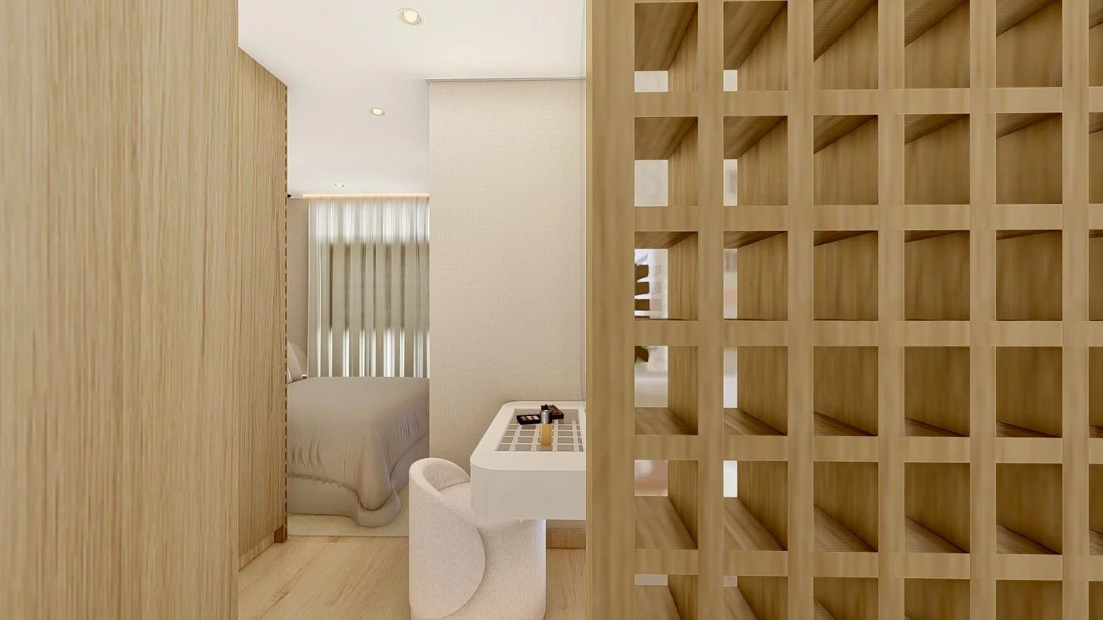 Passaggio tra camera e zona beauty definito da una parete divisoria geometrica in legno. La soluzione filtra gli spazi senza chiuderli completamente, preservando luminosità e continuità visiva.