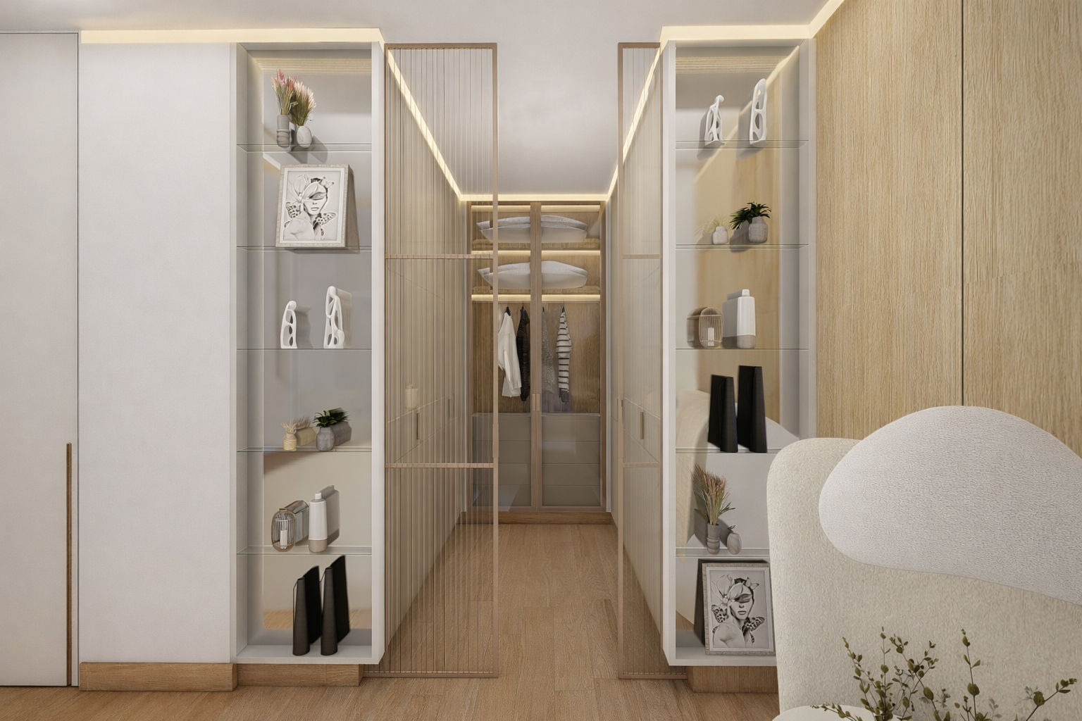 Vista della camera matrimoniale con cabina armadio e pannello TV, in uno stile moderno dal gusto naturale e sofisticato.