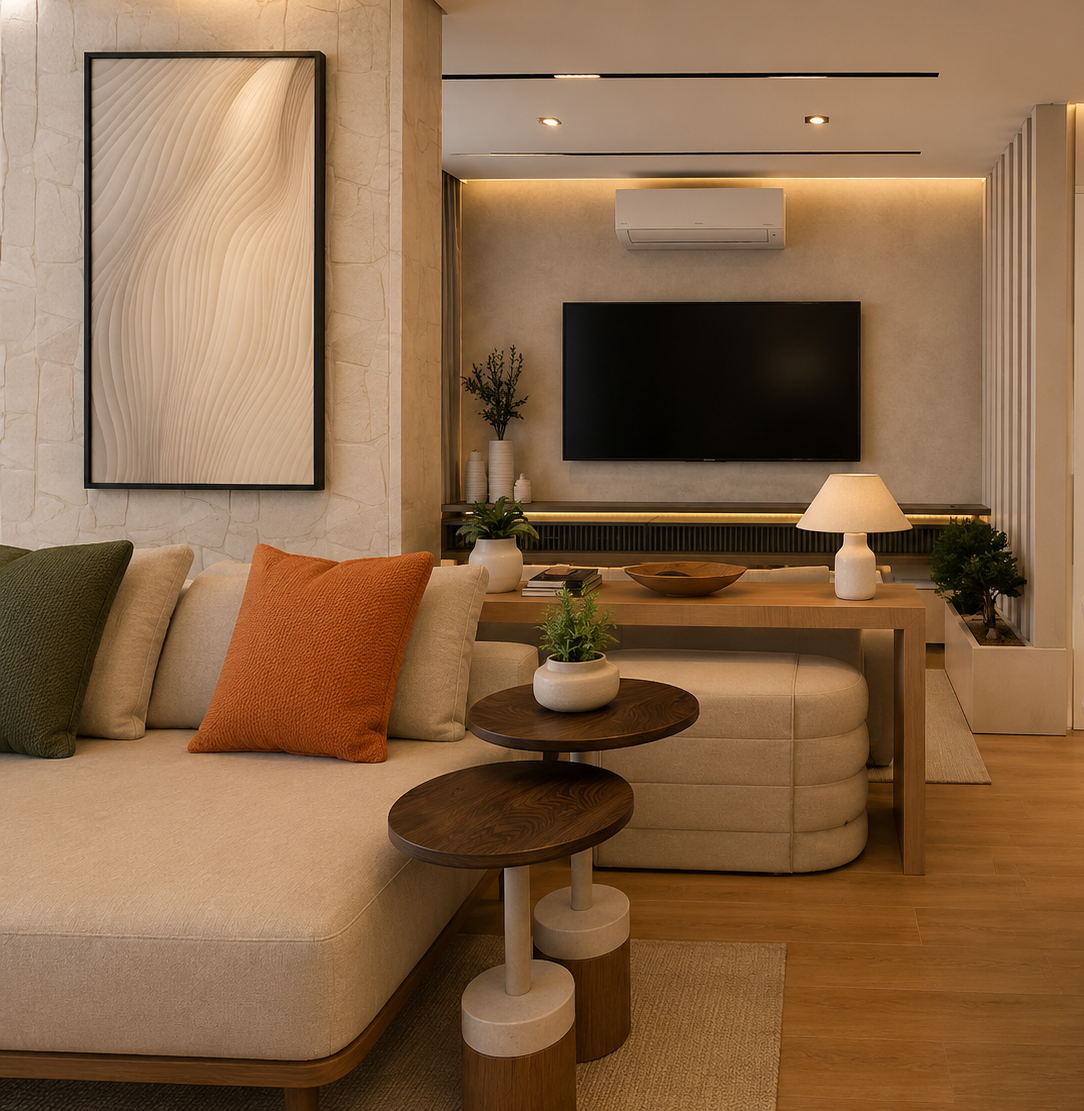 Vista del living con ampio divano dalle forme morbide, tavolini in legno e complementi nei toni naturali. La palette neutra è movimentata dagli accenti verde e terracotta, creando un ambiente contemporaneo caldo e accogliente.