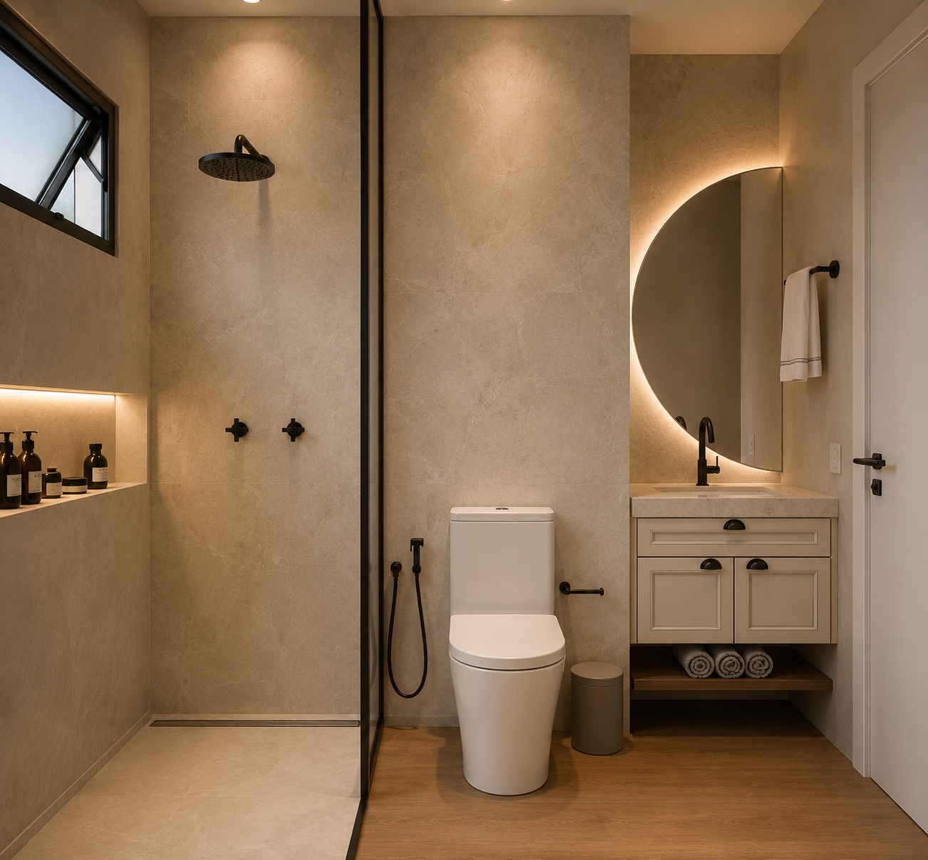 Zona lavabo caratterizzata da uno specchio a mezzaluna con illuminazione LED, inserito in una composizione con boiserie e mobile contenitore realizzato su misura sotto il top. La luce indiretta valorizza materiali e geometrie creando un’atmosfera raf
