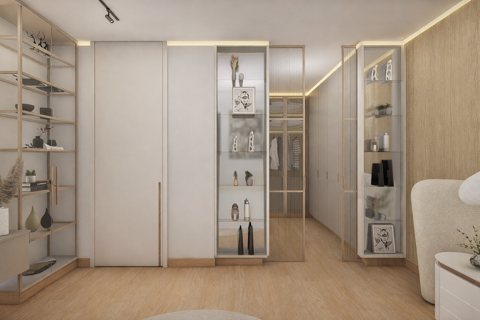 Cabina armadio su misura in stanza matrimoniale, funzionale ed elegante, perfettamente coordinata con l’arredo organico.