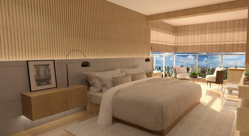 Suite contemporanea con boiserie in legno, arredi su misura e grande apertura vetrata per valorizzare la luce naturale.