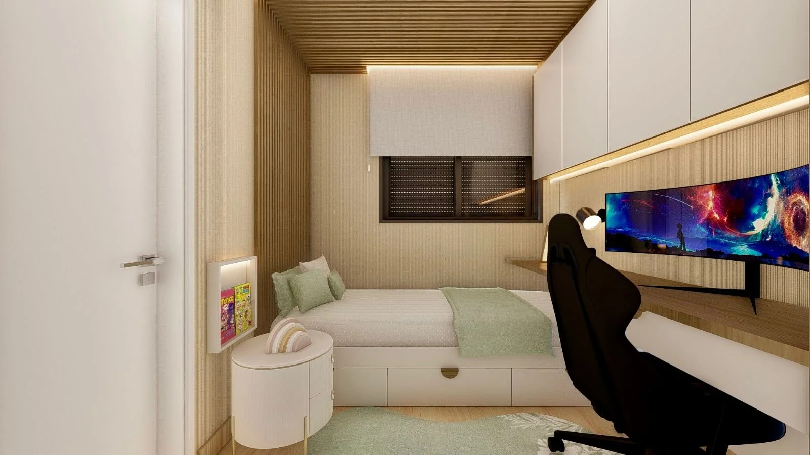 Camera da letto moderna con postazione computer, scrivania su misura, letto contenitore e armadi sospesi.