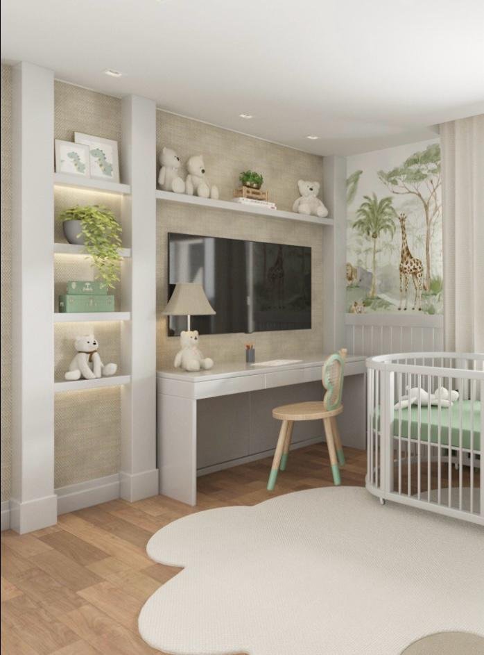 Angolo studio integrato con nicchie illuminate e spazio contenitivo, pensato per crescere insieme al bambino.