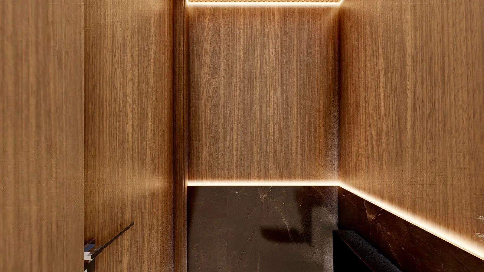 Dettaglio di bagno moderno rivestito in legno con fascia in marmo scuro e illuminazione LED indiretta, per un interior design elegante e contemporaneo.