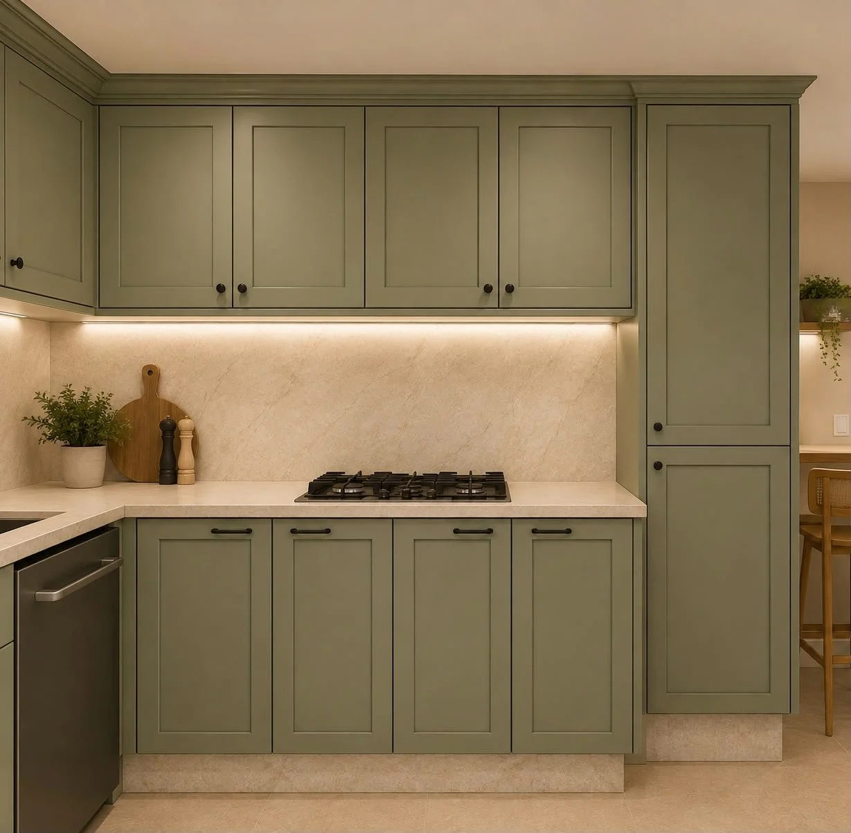 La zona cottura è inserita in una composizione simmetrica di basi e pensili. Le ante verdi incorniciate incontrano il piano e lo schienale chiari, mentre i profili e le maniglie nere aggiungono un contrasto grafico.