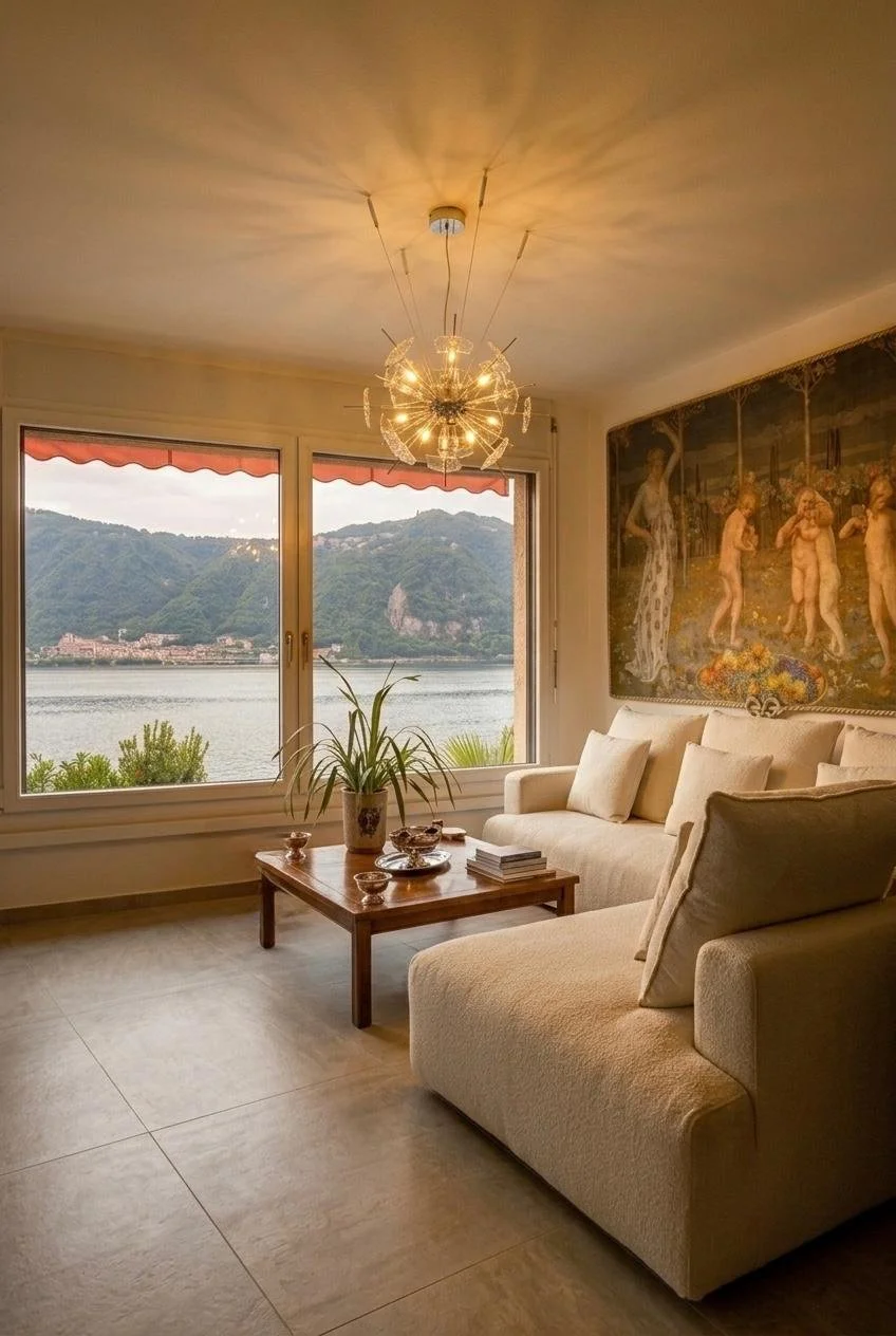 L’orientamento del divano nasce dal rapporto con il luogo. La penisola si apre verso la grande vetrata e il Lago di Lugano, trasformando il panorama in parte integrante dello spazio e dell’esperienza quotidiana.