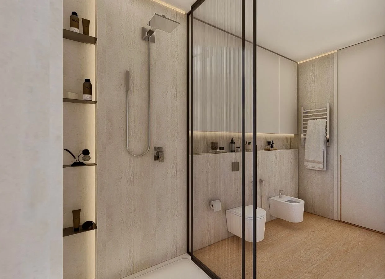 Bagno moderno con pareti e pavimenti in tonalità neutre, lavabo con piante e vasetti decorativi, specchio, asciugamani e servizi igienici compresi bidet.