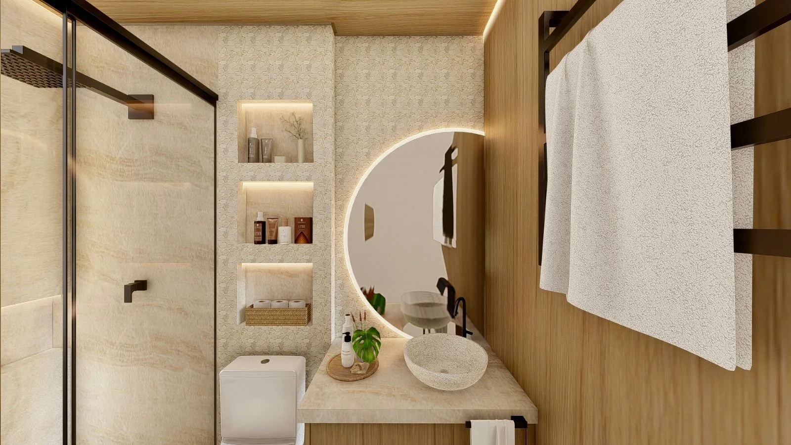 Vista completa del bagno privato con doccia walk-in, specchio circolare, nicchie illuminate e scaldasalviette nero. Una composizione essenziale caratterizzata da tonalità naturali e contrasti delicati.