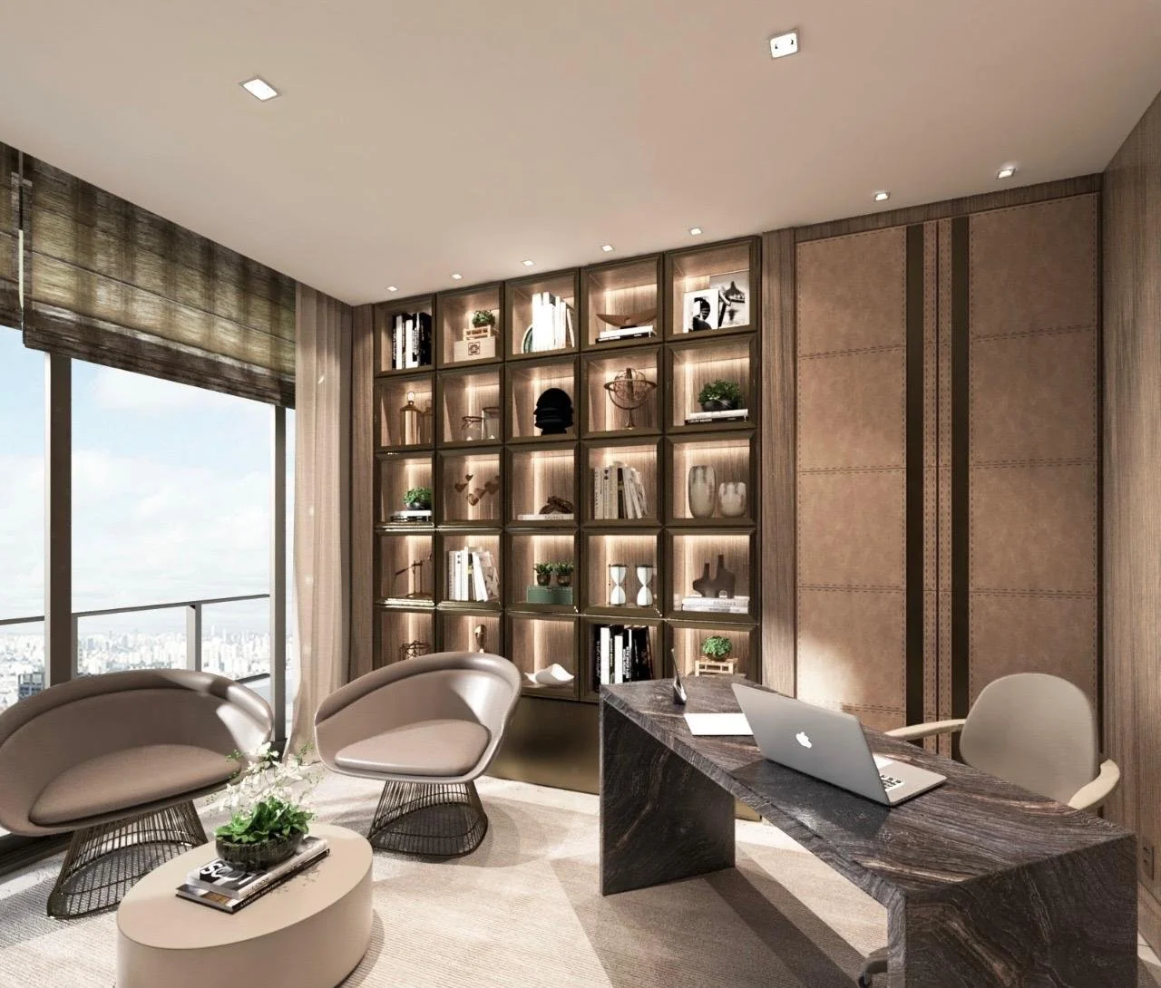 Home office: uno spazio di lavoro elegante e lussuoso, con mensole illuminate a forma di quadrati, per creare una continuità e ospitare numerosi elementi decorativi in composizione, insieme ad arredi su misura.