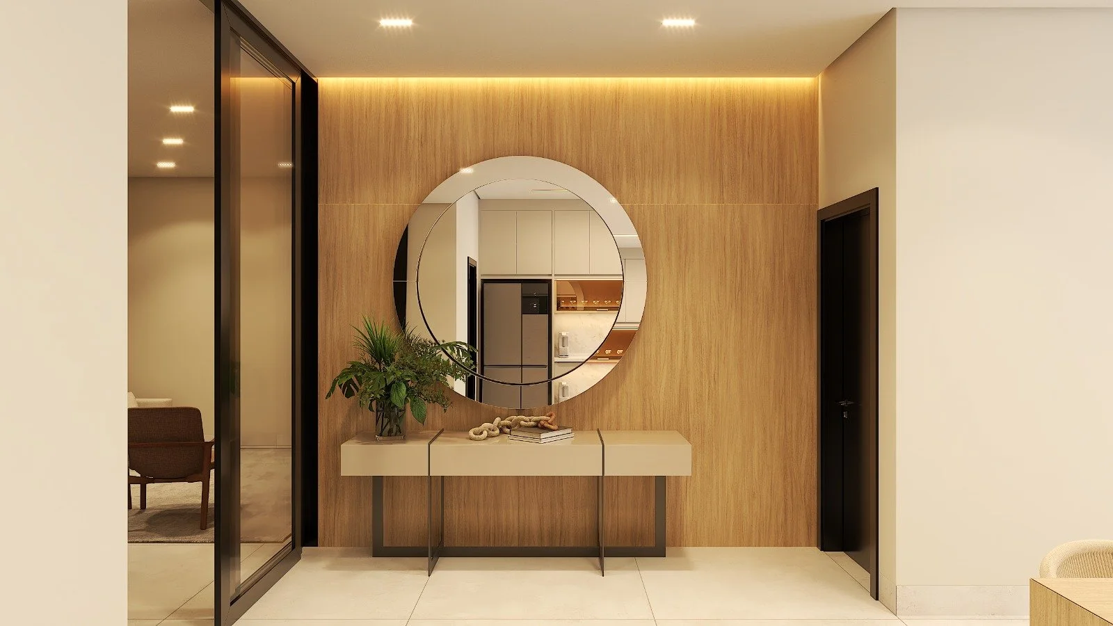 Ingresso scenografico e accogliente: mobile con gambe intrecciate, pannello in legno sullo sfondo e luce a soffitto che valorizza l’insieme.