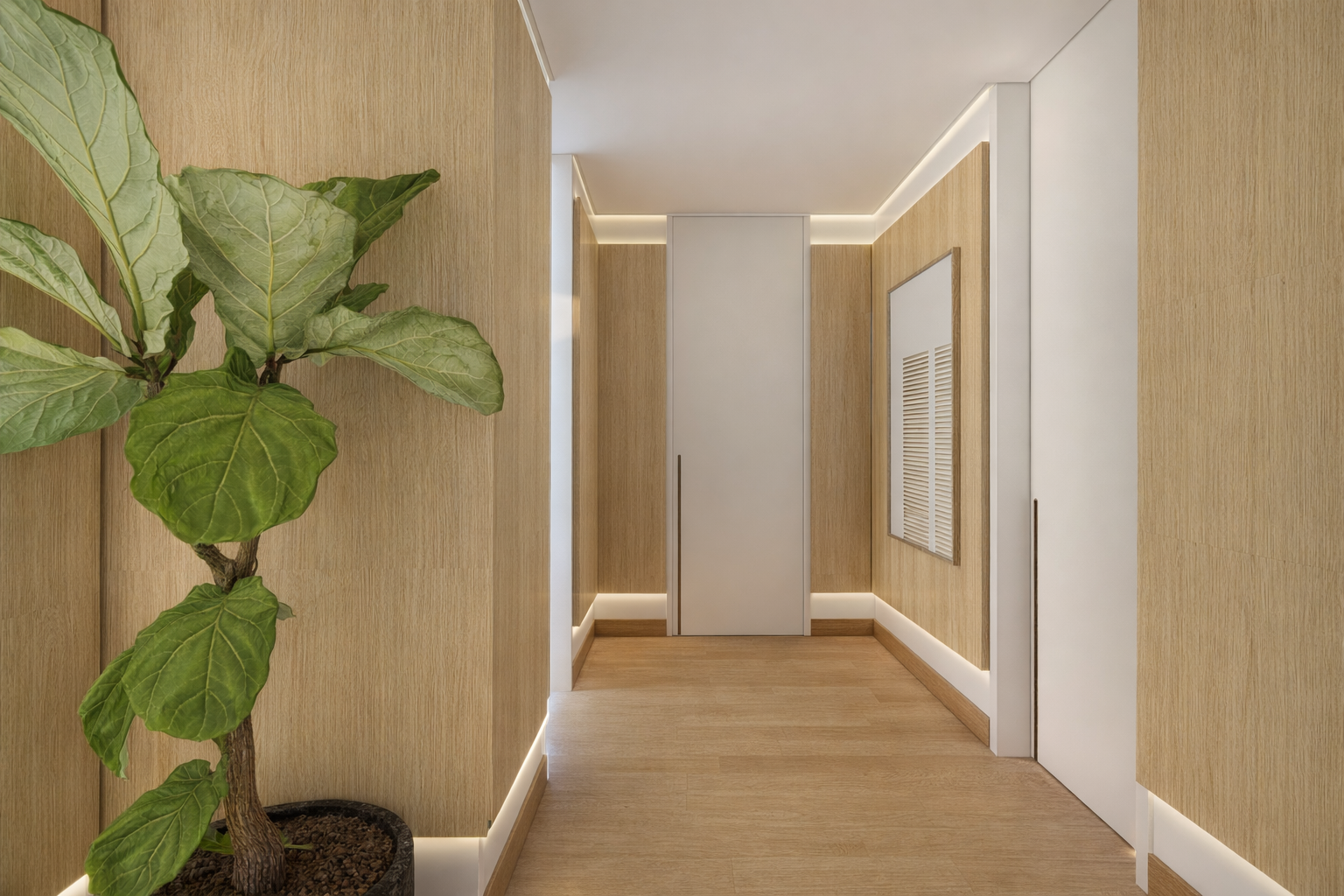 Ingresso in un appartamento con pareti rivestite in legno chiaro, pavimento in legno, e accent lighting LED lungo i bordi delle pareti.