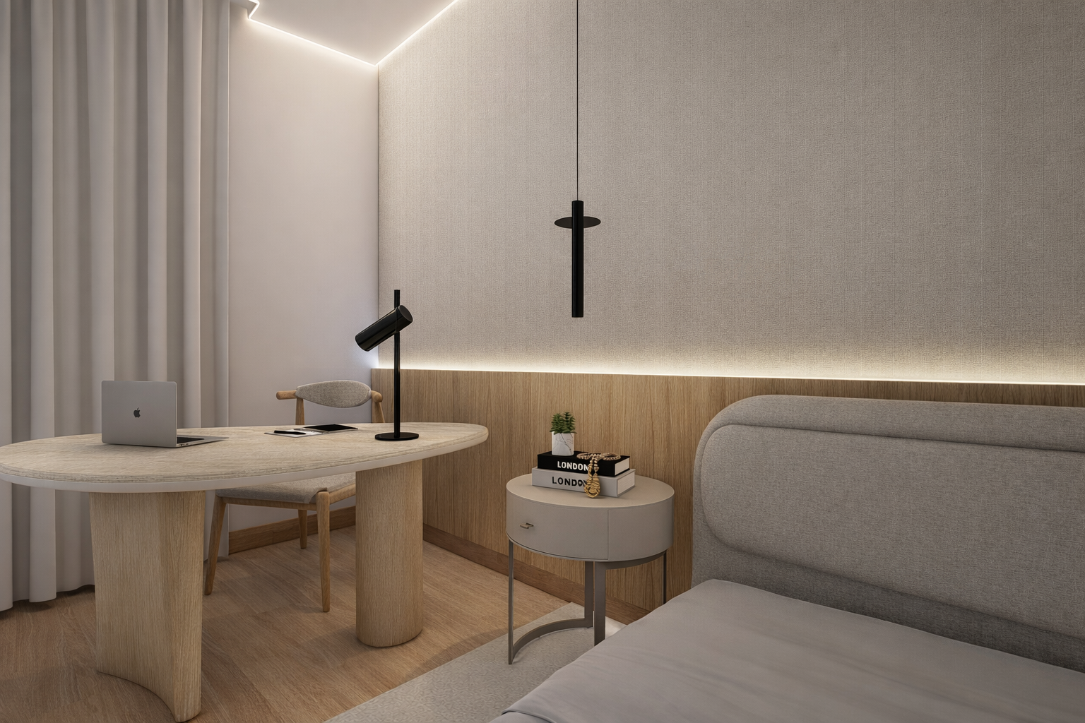 Stanza matrimoniale per ospiti con design essenziale, carta da parati sopra la testata e illuminazione minimalista.