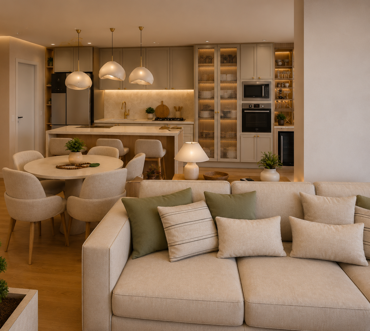 Vista d’insieme dell’area social, dove soggiorno, sala da pranzo e cucina convivono in un ambiente aperto e armonioso. La palette beige e legno, insieme all’illuminazione calda, crea continuità tra le diverse funzioni.