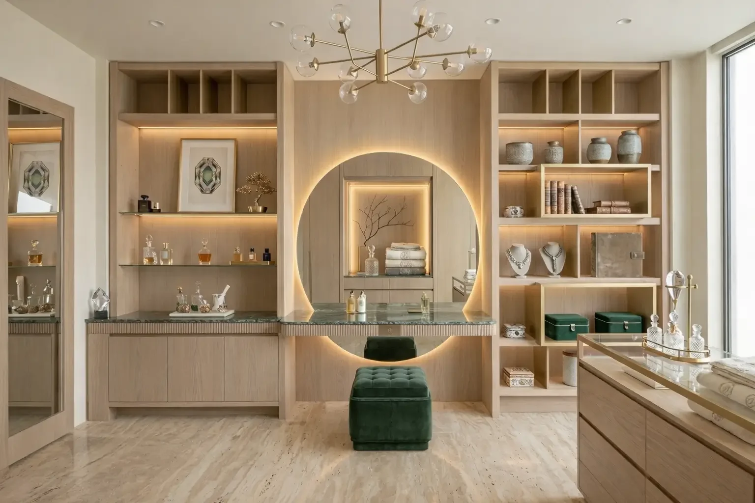 Armadio in legno con scaffali e decorazioni di oggetti d'arte e vasi, specchio tondo con luci, seduta verde e tavolo decorativo.